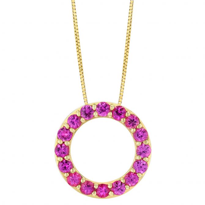 Pink Sapphire Open Circle Pendant in Yellow Gold