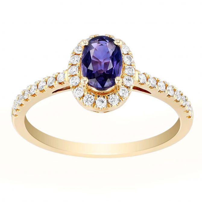 Oval Sapphire & Diamond Halo Ring in Yellow Gold