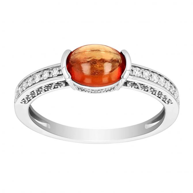 Oval Cabochon Orange Sapphire Half Bezel & Diamond Ring in White Gold