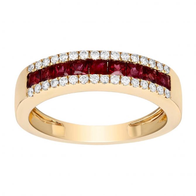 Princess Cut Ruby & Diamond Channel Set Ring in Yellow Gold