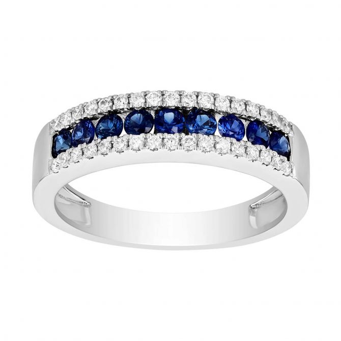 Round Sapphire & Diamond Channel Set Ring in White Gold, 0.82 tw