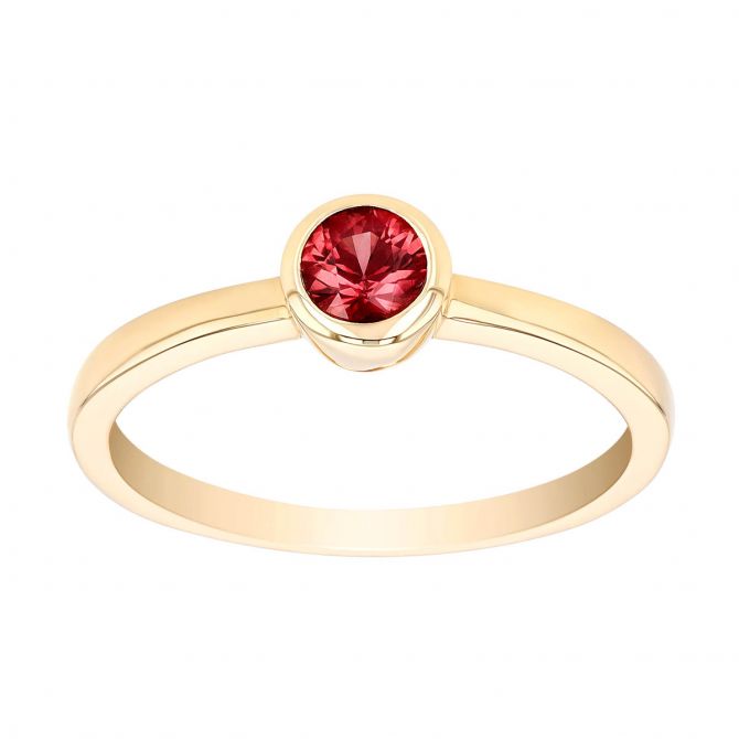 Round Ruby Bezel Set Solitaire Stacking Ring in Yellow Gold, 0.35 tw