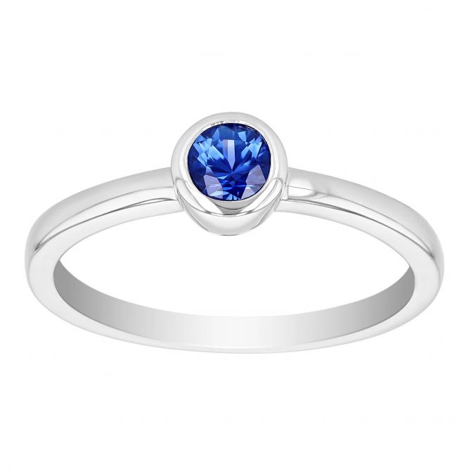 Round Sapphire Bezel Set Solitaire Stacking Ring in White Gold