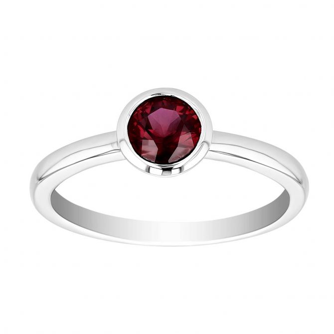 Round Ruby Bezel Set Solitaire Stacking Ring in White Gold, 0.72 tw