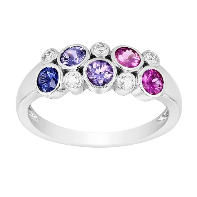 Blue, Purple & Pink Sapphire & Diamond Bezel Set Bubble Ring in White Gold