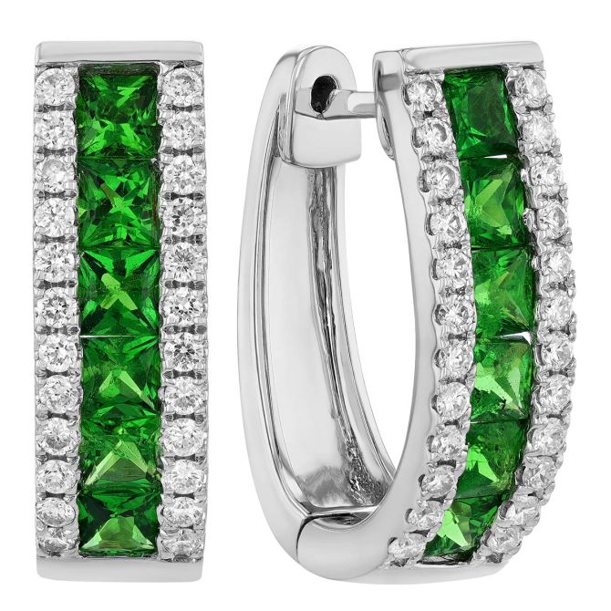 Tsavorite Garnet & Diamond 3 Row Hoop Earrings in White Gold