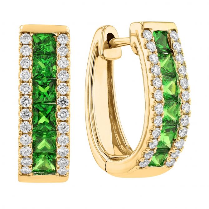 Princess Cut Tsavorite Garnet & Diamond Hoop Earrings in Yellow Gold, 1.59 tw