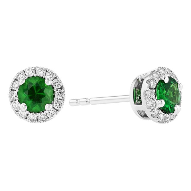 Tsavorite Garnet & Diamond Halo Stud Earrings in White Gold