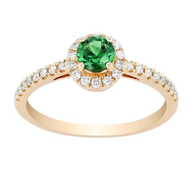 Round Tsavorite Garnet & Diamond Halo Ring in Yellow Gold, .46 ct