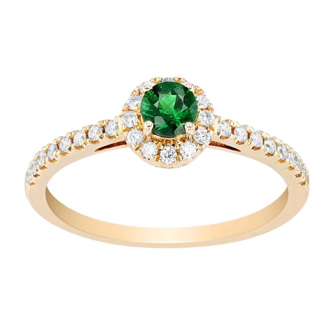 Round Tsavorite Garnet & Diamond Halo Ring in Yellow Gold, .29 ct