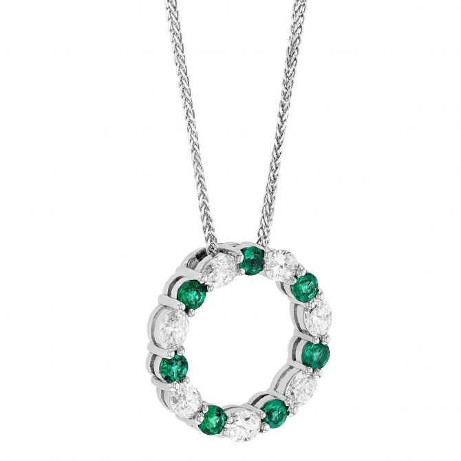 J.B. Star Emerald & Diamond Open Circle Pendant in Platinum | 7576