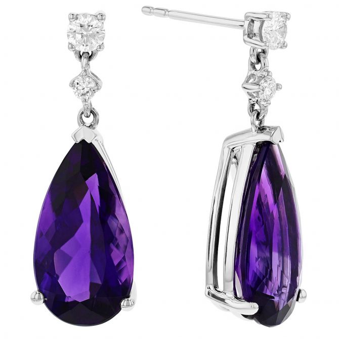 Pear Shaped Amethyst & Diamond Dangle Earrings in Yellow Gold