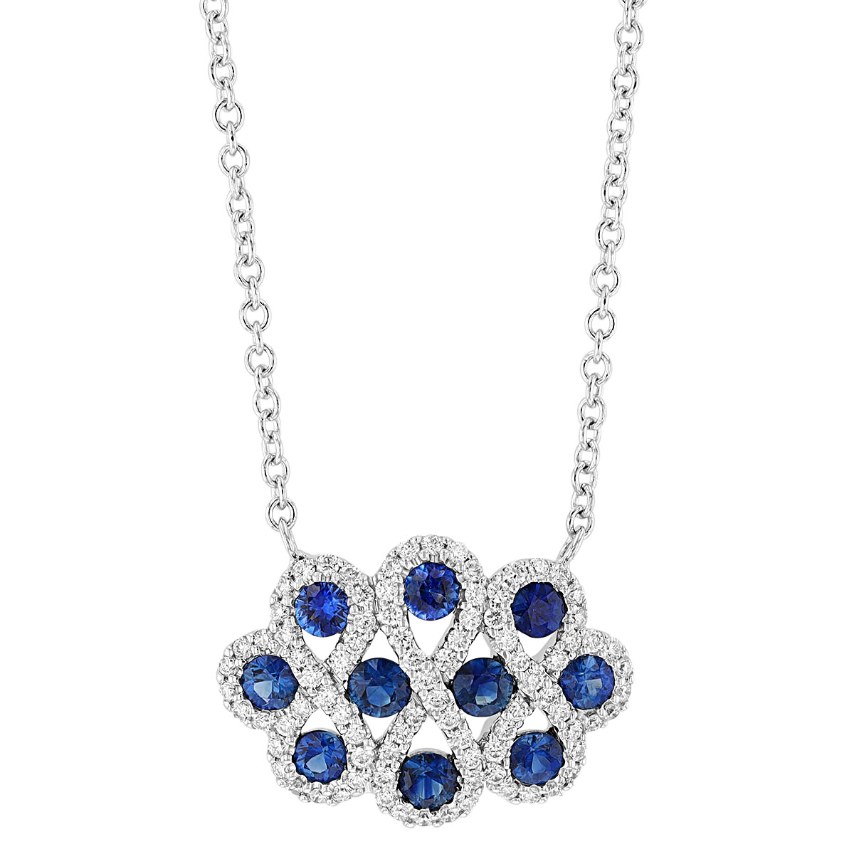 Sapphire & Diamond Swirl Pattern Cluster Necklace in White Gold, 18 ...