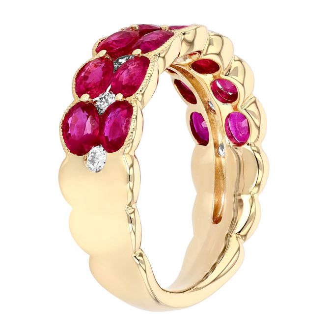 Oval Ruby & Diamond 2 Row Ring ni Yellow Gold