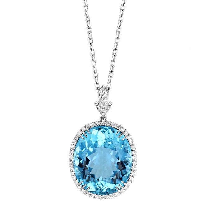 Aquamarine & Diamond Halo Pendant in White Gold