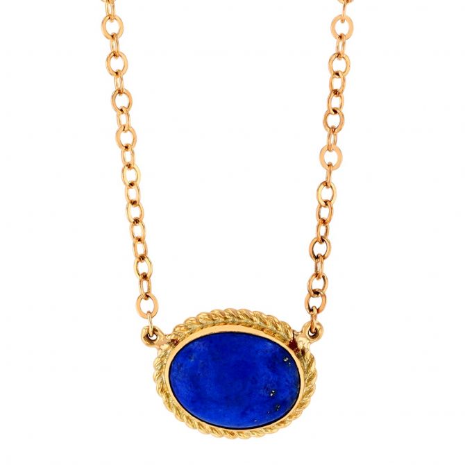 Oval Cabochon Lapis Lazuli Bezel Set Pendant in Yellow Gold, 19"