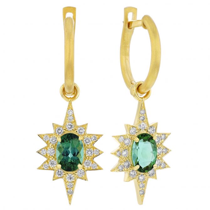 Marika Oval Tourmaline & Diamond Sunburst Dangle Hoop Earrings in Yellow Gold