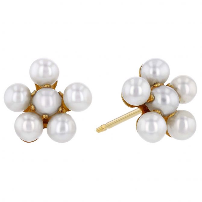 Cultured Pearl Cluster Stud Earrings in Yellow Gold