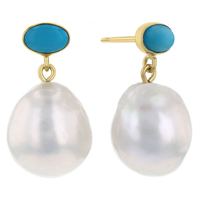 Cultured Pearl & Oval Cabochon Turquoise Drop Earrings in Yellow Gold