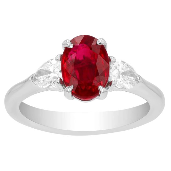 J.B. Star Oval Ruby & Shield Cut Diamond 3 Stone Ring in Platinum