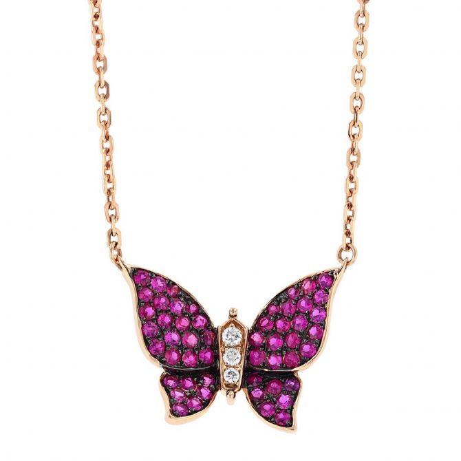 Ruby Pave & Diamond Butterfly Pendant in Rose Gold, 16"