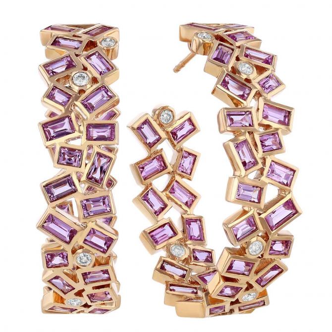 Straight Baguette Pink Sapphire & Round Diamond Bezel Mosaic Hoop Earrings in Rose Gold