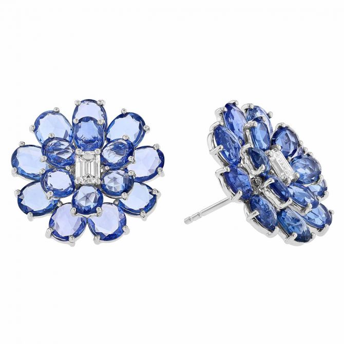 Oval Rose Cut Sapphire & Emerald Cut Diamond Flower Stud Earrings in White Gold