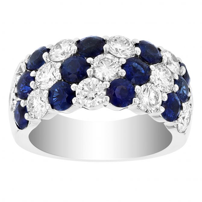 Sapphire & Diamond 3 Row Alternating Pattern Ring in White Gold