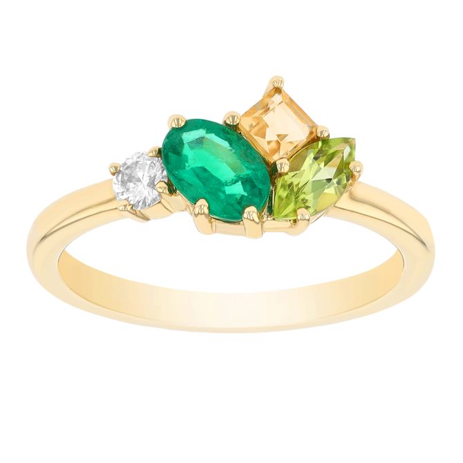 Mixed Shape Emerald, Peridot, Citrine & Diamond Cluster Ring in Yellow Gold