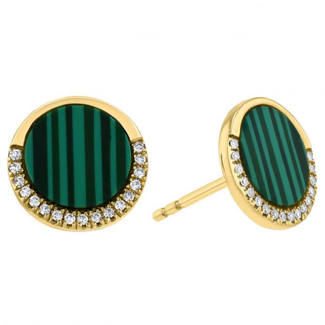 Doves Round Malachite & Half Diamond Halo Stud Earrings in Yellow Gold