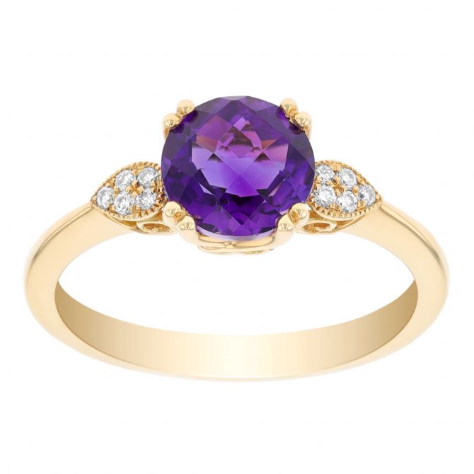 Doves Round Checkerboard & Diamond Side Stone Ring in Yellow Gold