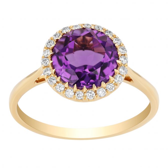 Doves Round Amethyst & Diamond Halo Ring in Yellow Gold