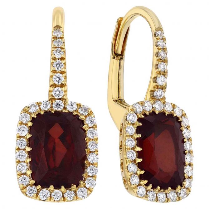 Doves Cushion Cut Garnet & Diamond Halo Drop Earrings in Yellow Gold