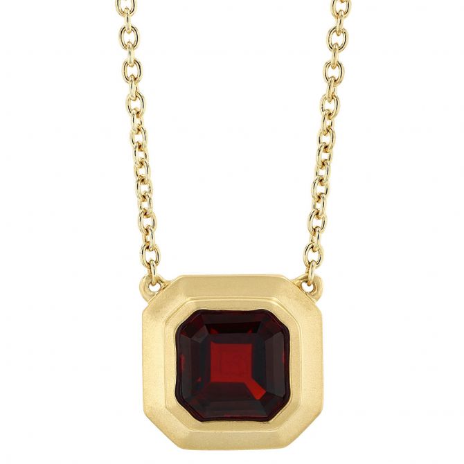 Doves Square Step Cut Garnet Bezel Set Pendant in Yellow Gold, 18"