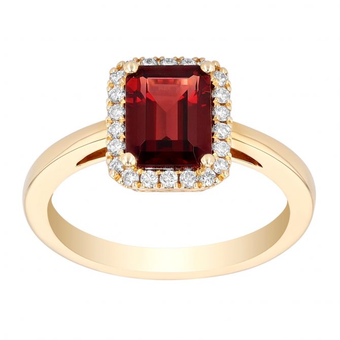 Doves Emeral Cut Garnet & Diamond Halo Ring in Yellow Gold