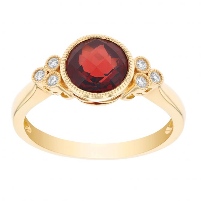 Doves Round Checkerboard Garnet & Diamond Side Stone Ring in Yellow Gold