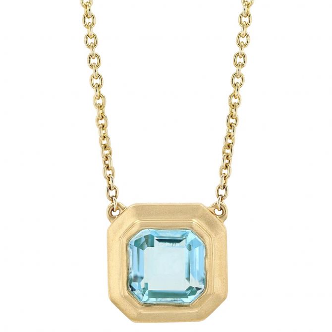 Doves Square Step Cut Light Blue Topaz Bezel Set Pendant in Yellow Gold, 18"