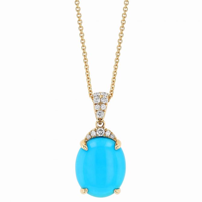 Oval Cabochon Turquoise & Diamond Pendant in Yellow Gold, 18"