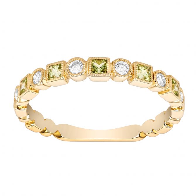 Princess Cut Peridot & Diamond Geometric Pattern Ring in Yellow Gold