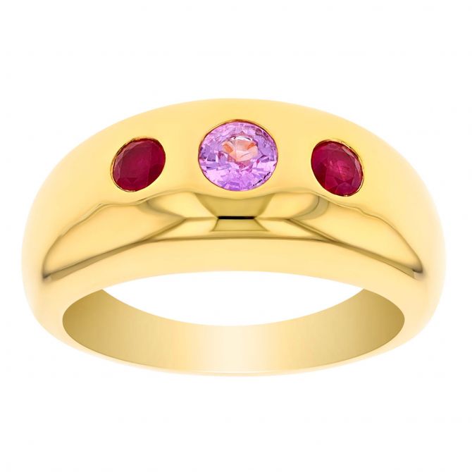 Pink Sapphire Flush Set Trio Ring in Yellow Gold