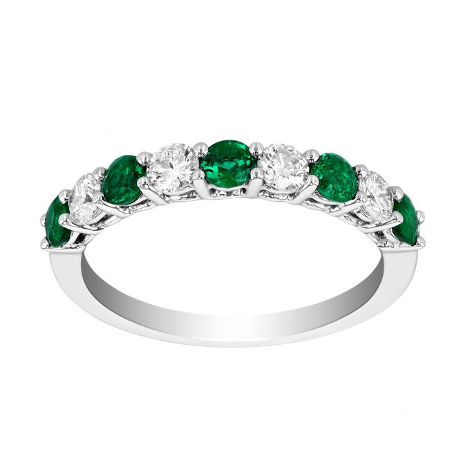 Round Emerald & Diamond Alternating Pattern Ring in White Gold