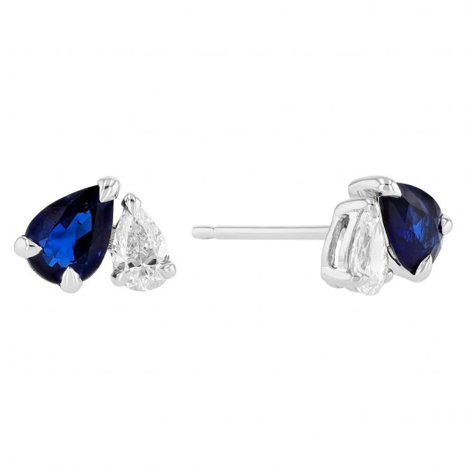 Pear Shaped Sapphire & Diamond Duo Stud Earrings in White Gold