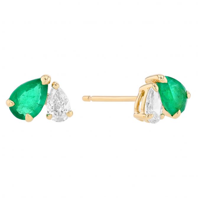 Pear Shaped Emerald & Diamond Duo Stud Earrings in Yellow Gold