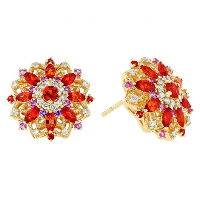 Orange & Pink Multi-Shaped Sapphire & Round Diamond Floral Stud Earrings in Yellow Gold