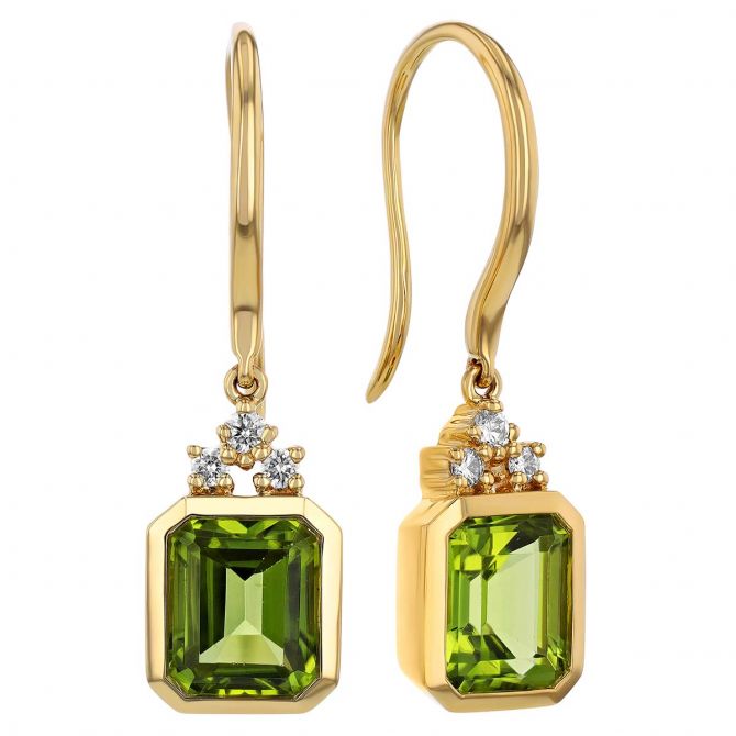 Emerald Cut Peridot & Diamond Bezel Set Drop Earrings in Yellow Gold