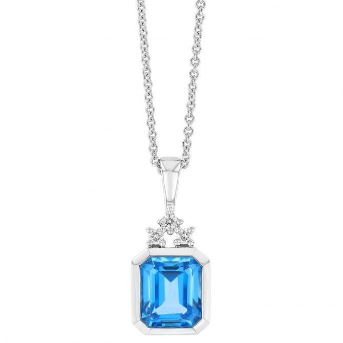 Emerald Cut Light Blue Topaz & Diamond Bezel Set Pendant in White Gold, 18"