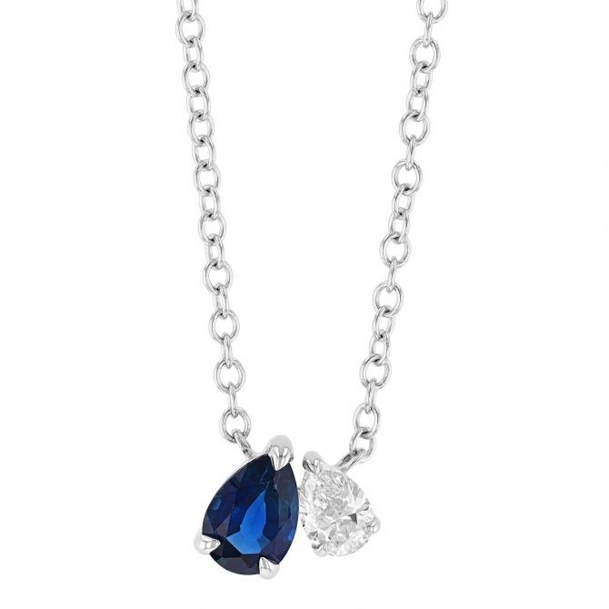 Pear Shaped Sapphire & Diamond Duo Necklace in White Gold, 18"