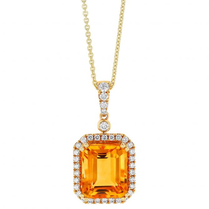 Emerald Cut Citrine & Diamond Halo Pendant in Yellow Gold, 18"