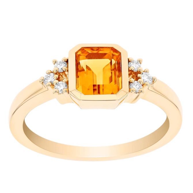 Emerald Cut Citrine & Diamond Bezel Set Ring in Yellow Gold