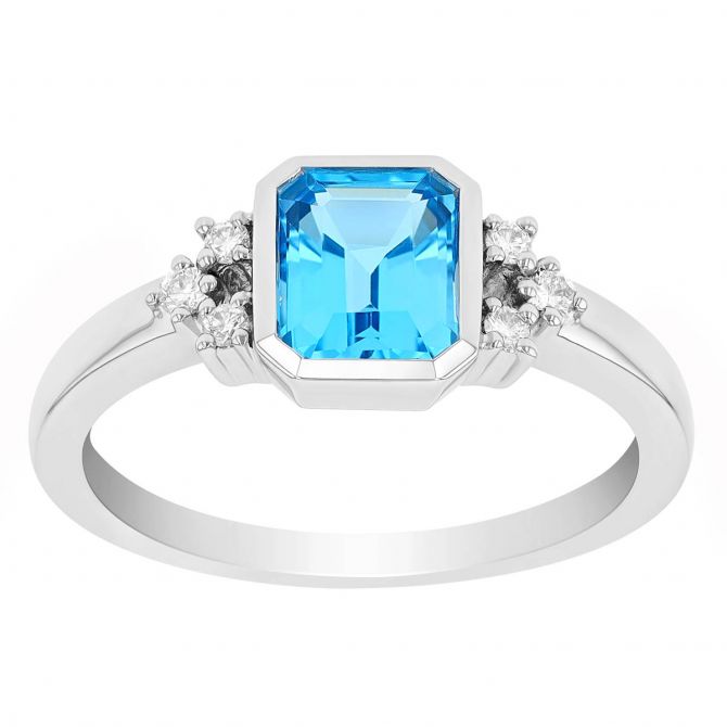 Emerald Cut Light Blue Topaz & Diamond Bezel Set Ring in White Gold